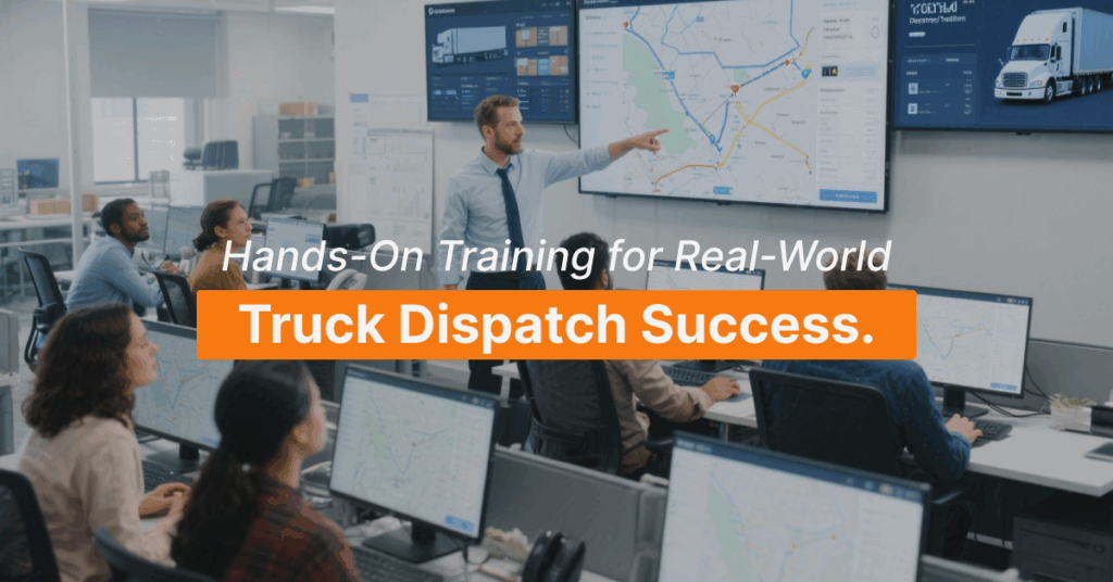 Instructor leading a hands-on truck dispatch training session, guiding students through real-world freight route planning on multiple computer screens.