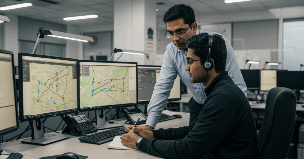 A professional logistics training class where participants use dispatch software, study freight routes, and engage with real-world trucking scenarios.